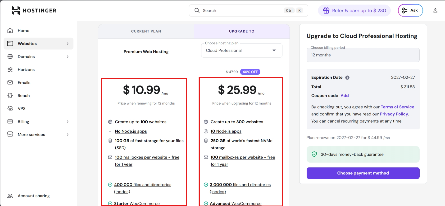 Hostinger hosting plan comparison page showing resource differences before upgrade