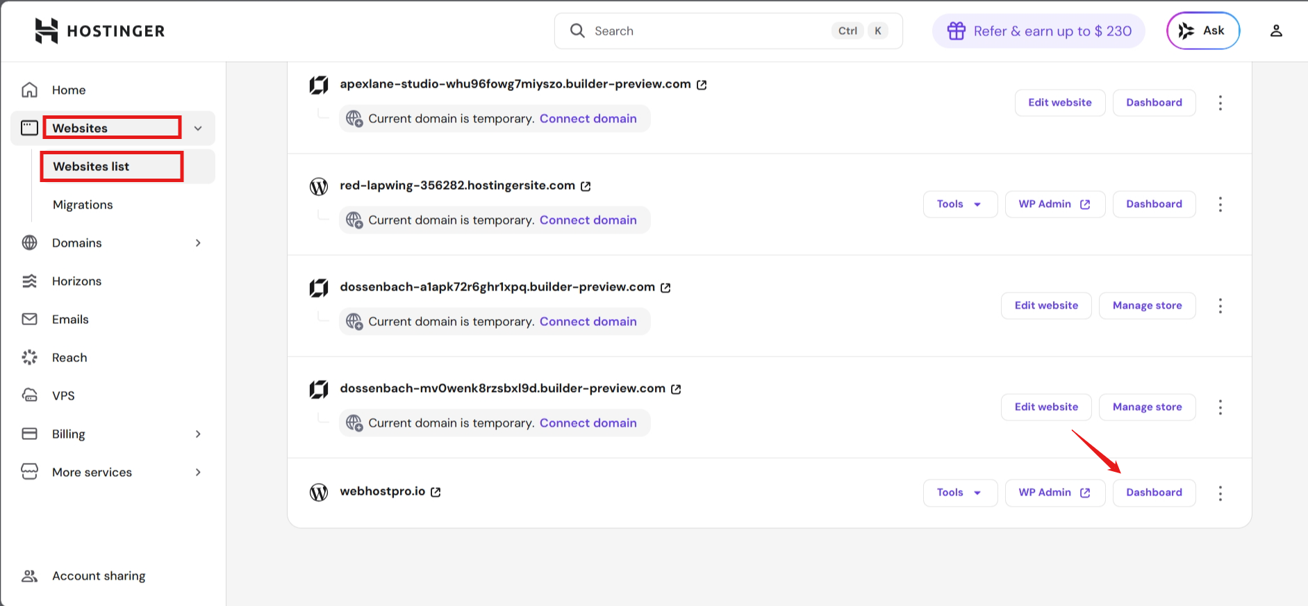 Hostinger website dashboard in hPanel with hosting management options