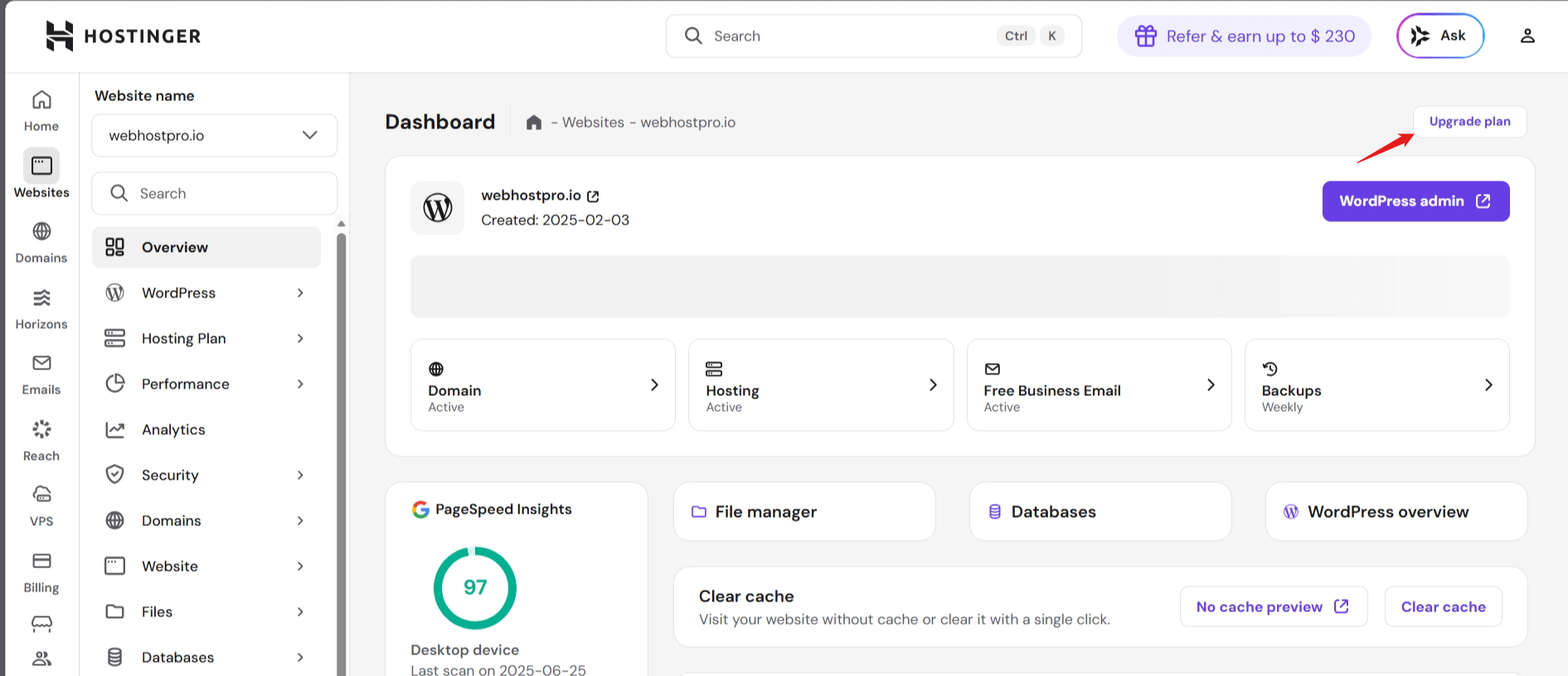 Hostinger dashboard showing the Upgrade button