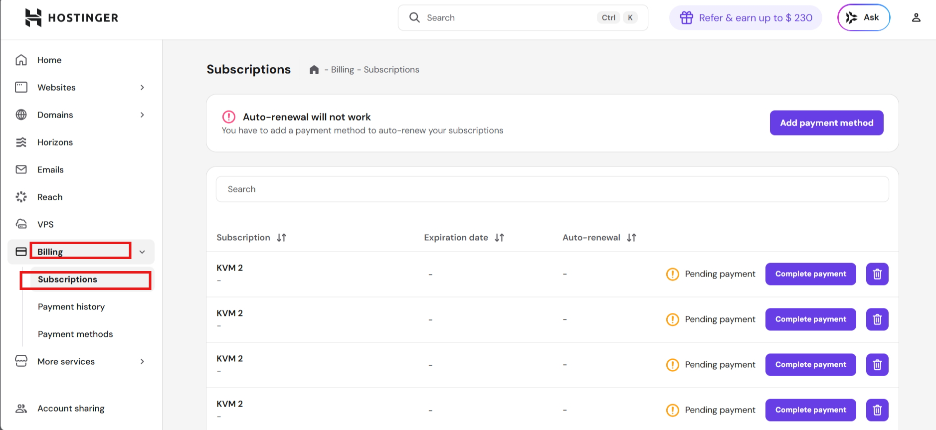 Hostinger billing subscriptions page in hPanel