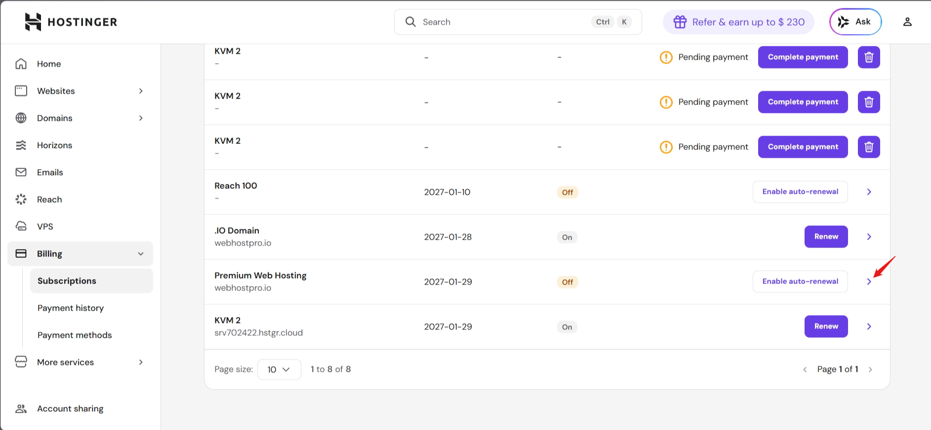 Hostinger subscription details expanded with upgrade option