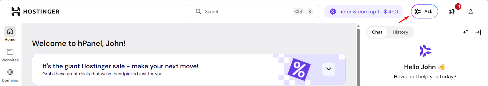 screenshot of Hostinger Dashboard 'Ask' button