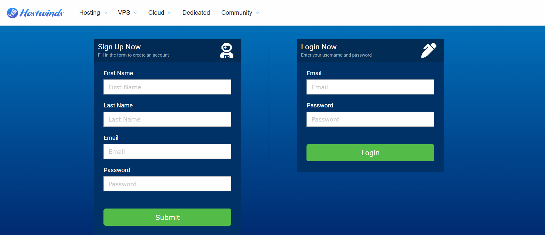 screenshot of HostWinds Sign Up/in page