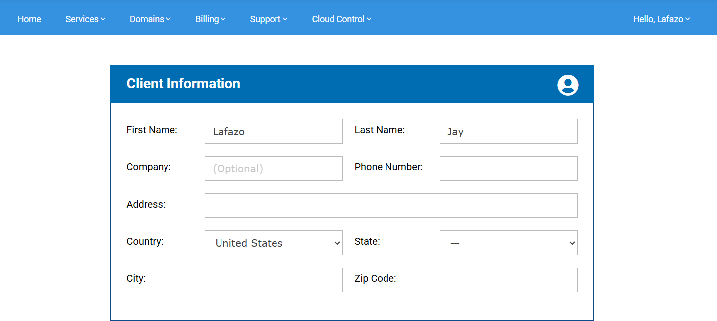 screenshot of HostWinds Client Information