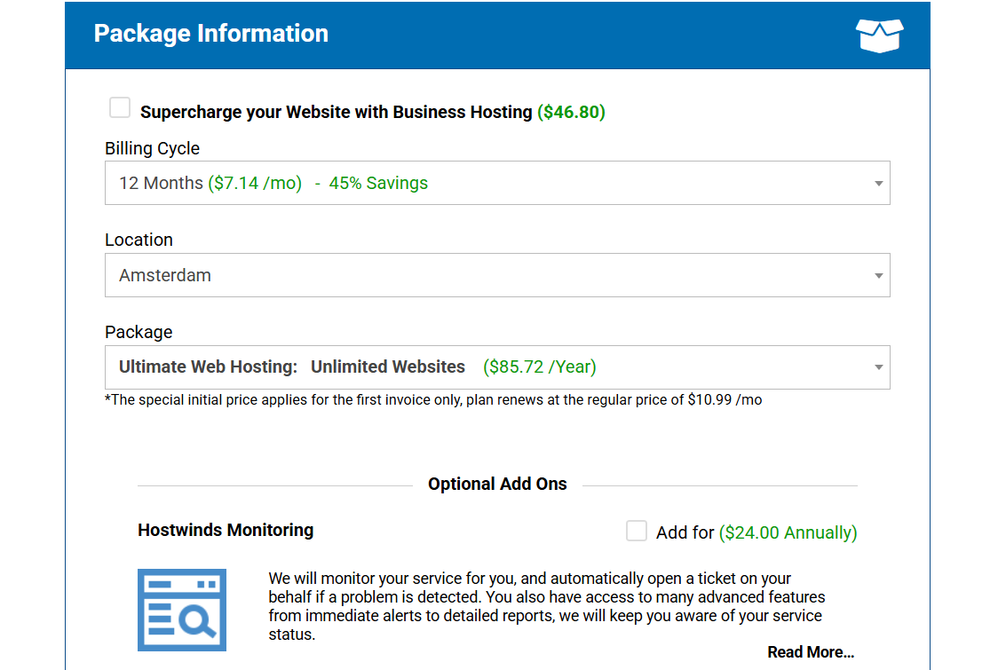 screenshot of HostWinds Package Information