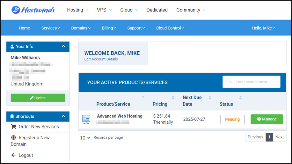 screenshot of Hostwinds dashboard