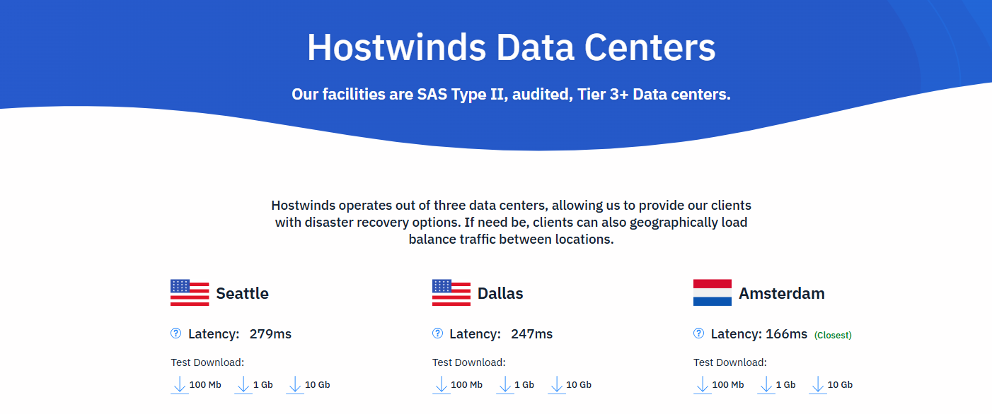 screenshot of the Hostwinds Data centre locations