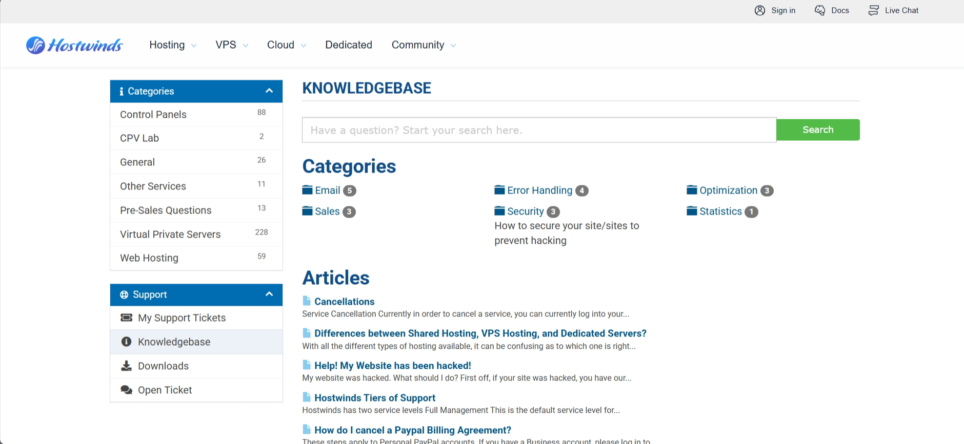 screenshot of Hostwinds Knowledge Base