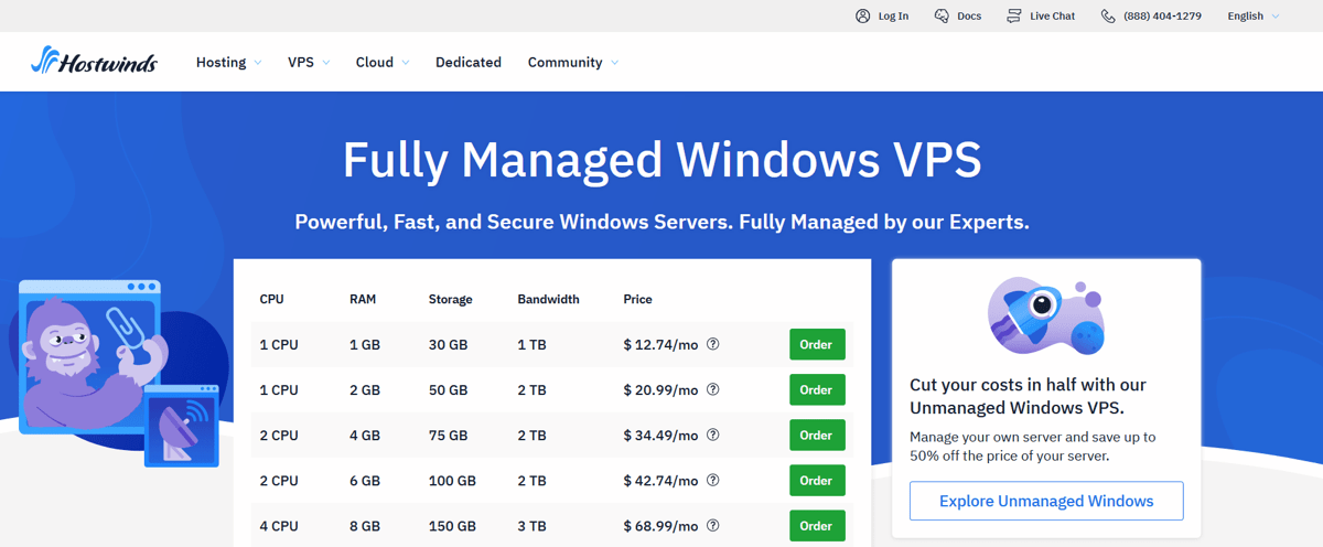 screenshot of HostWinds Managed VPS Hosting Plans