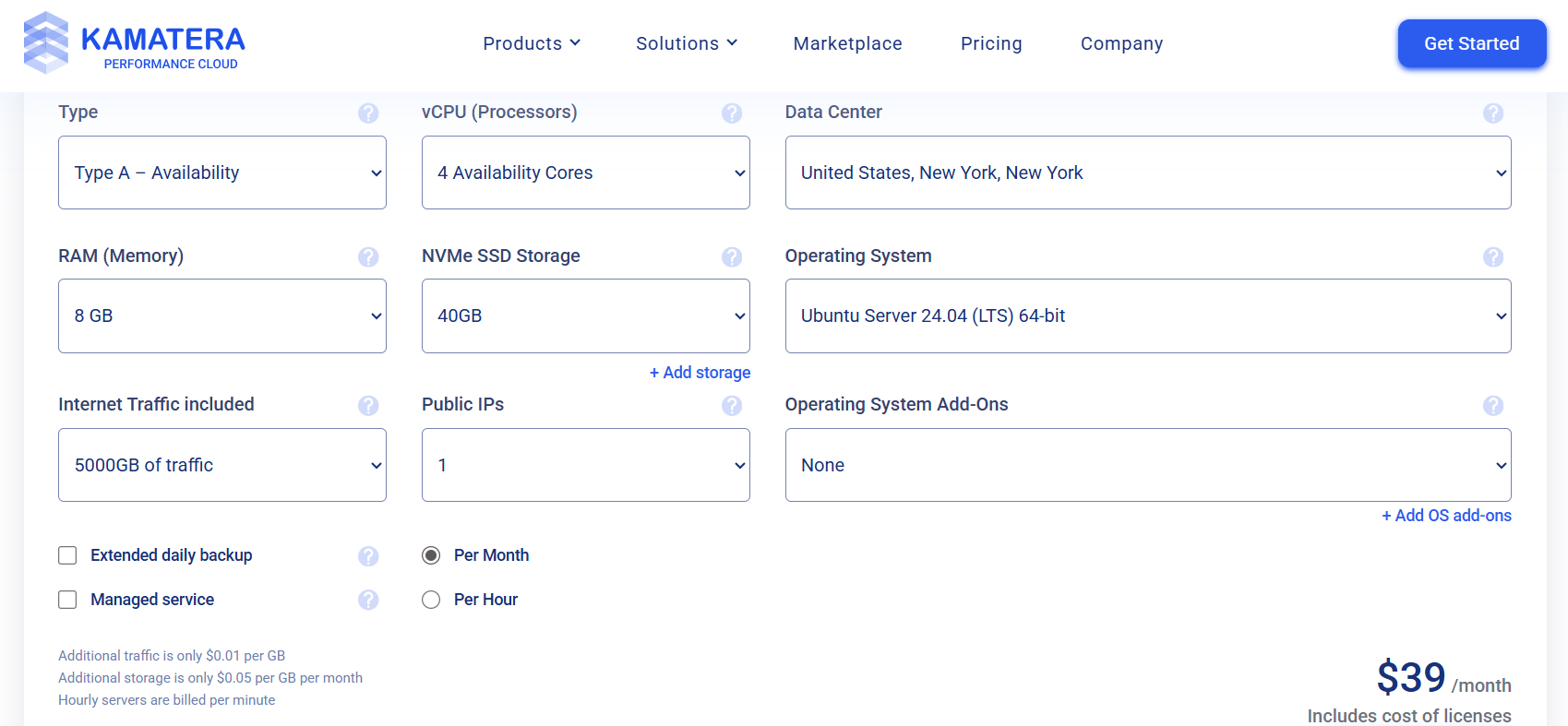 screenshot of Kamatera hosting plan configurator