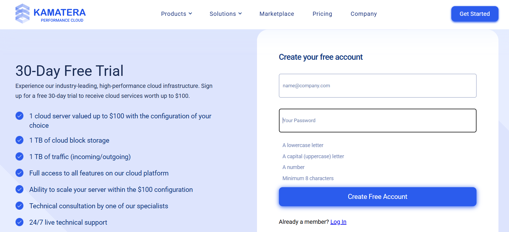 screenshot of Kamatera Sign Up page