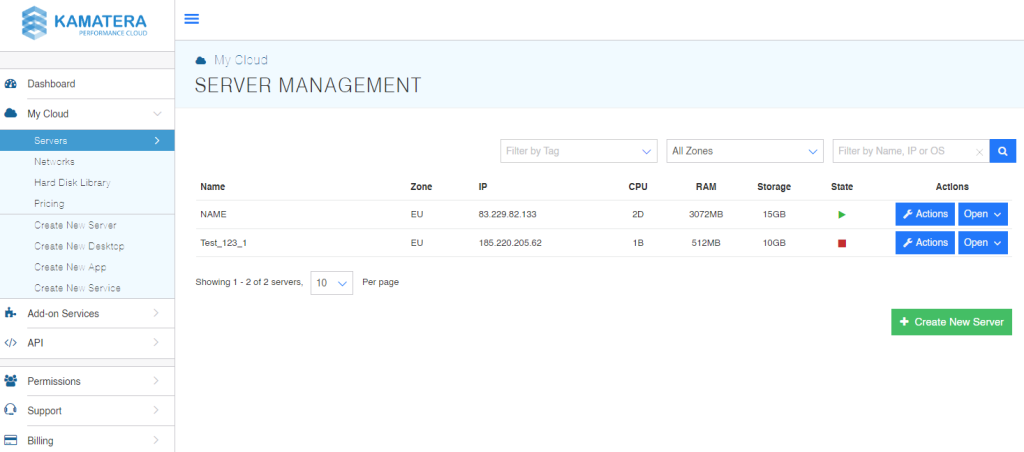 screenshot of Kamatera Server Management page