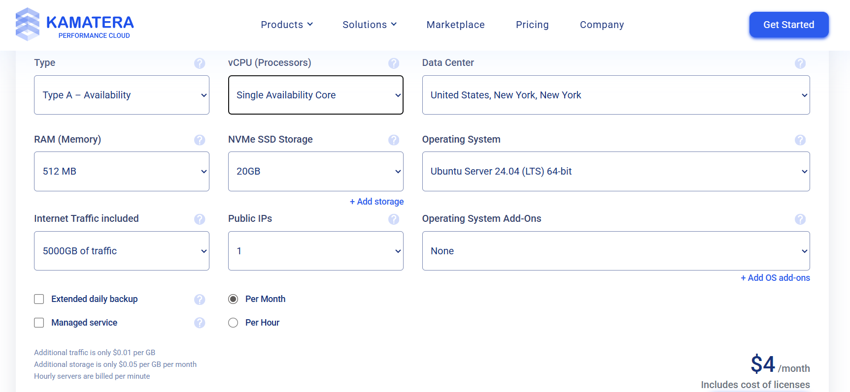 screenshot of Kamatera Hosting plans configurator