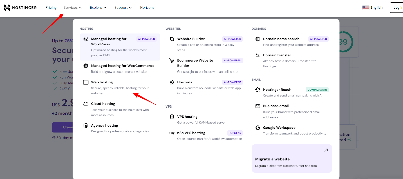 screenshot of Hostinger Web Hosting button