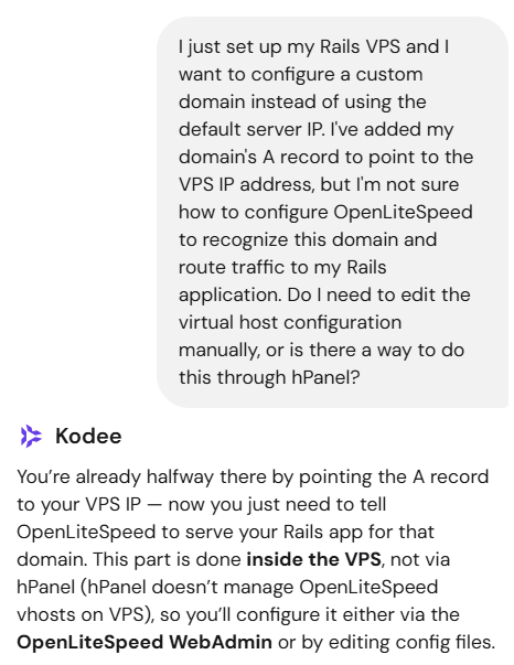 screenshot of Kodee support conversation