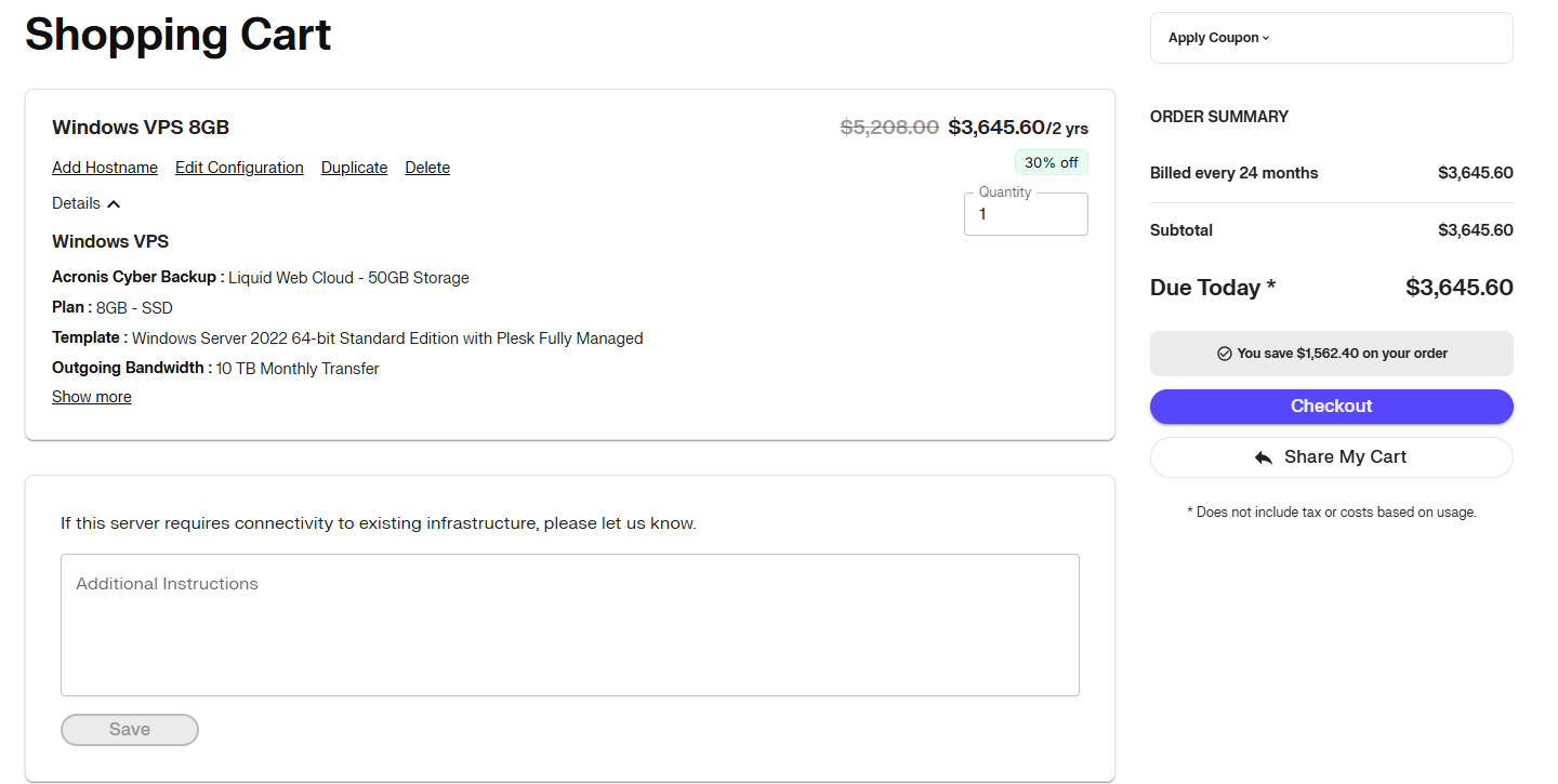 screenshot of Liquid Web shopping cart