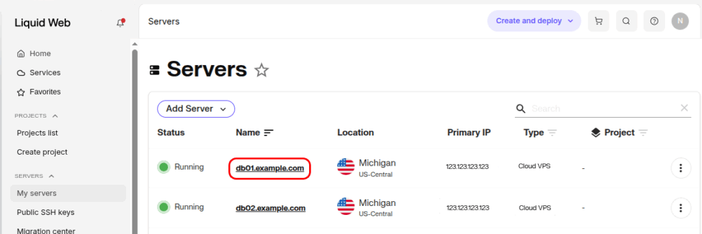 screenshot of Liquid Web dashboard Servers tab