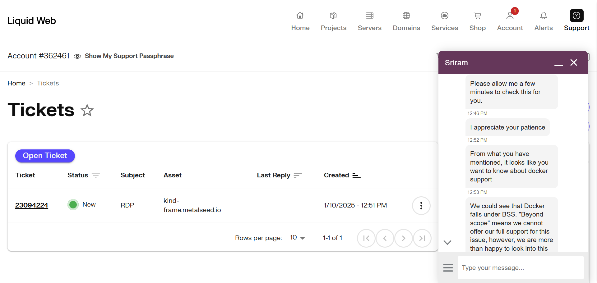 screenshot of Liquid Web Live Chat conversation