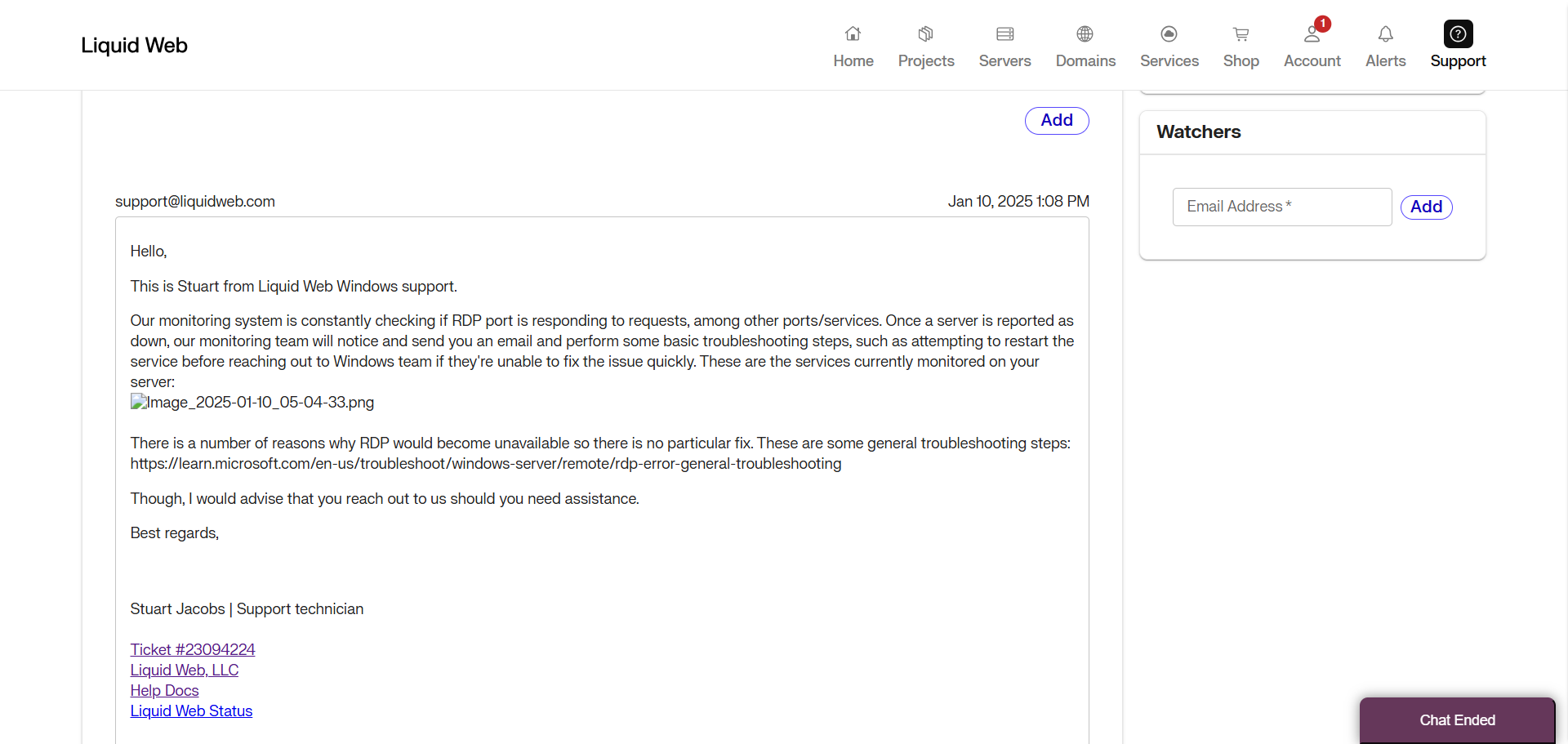 screenshot of Liquid Web Ticket conversation