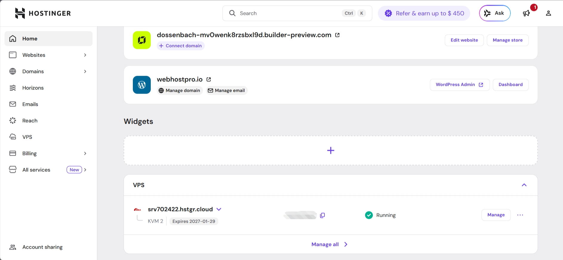screenshot of Hostinger dashboard