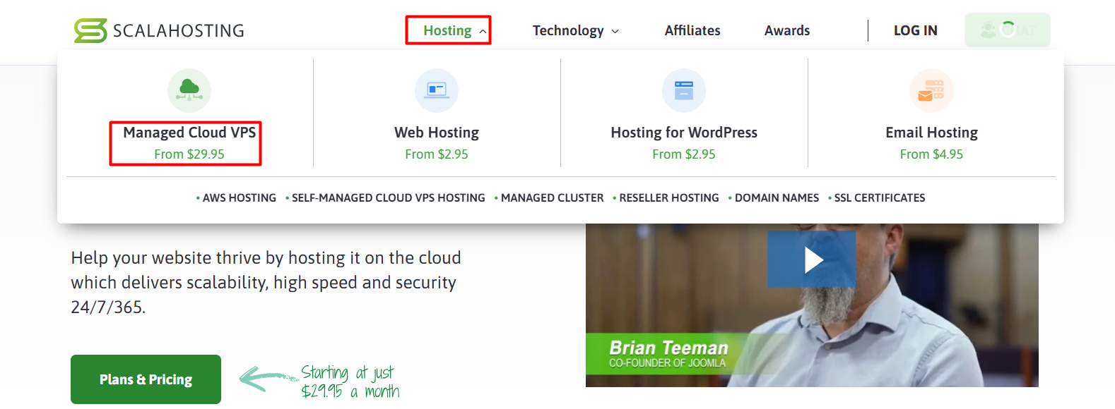 screenshot of ScalaHosting Managed Cloud VPS button