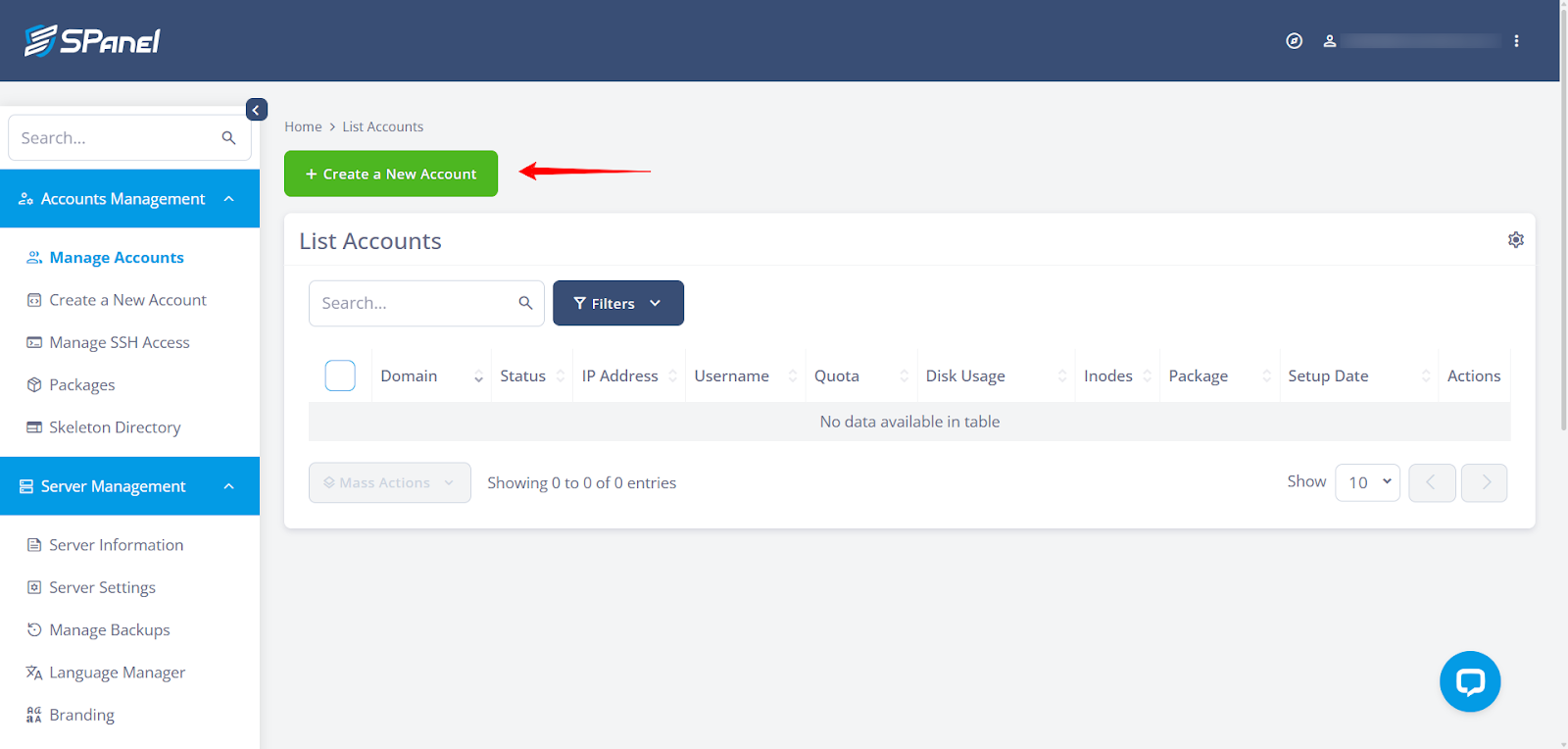 screenshot of SPanel Server Management page