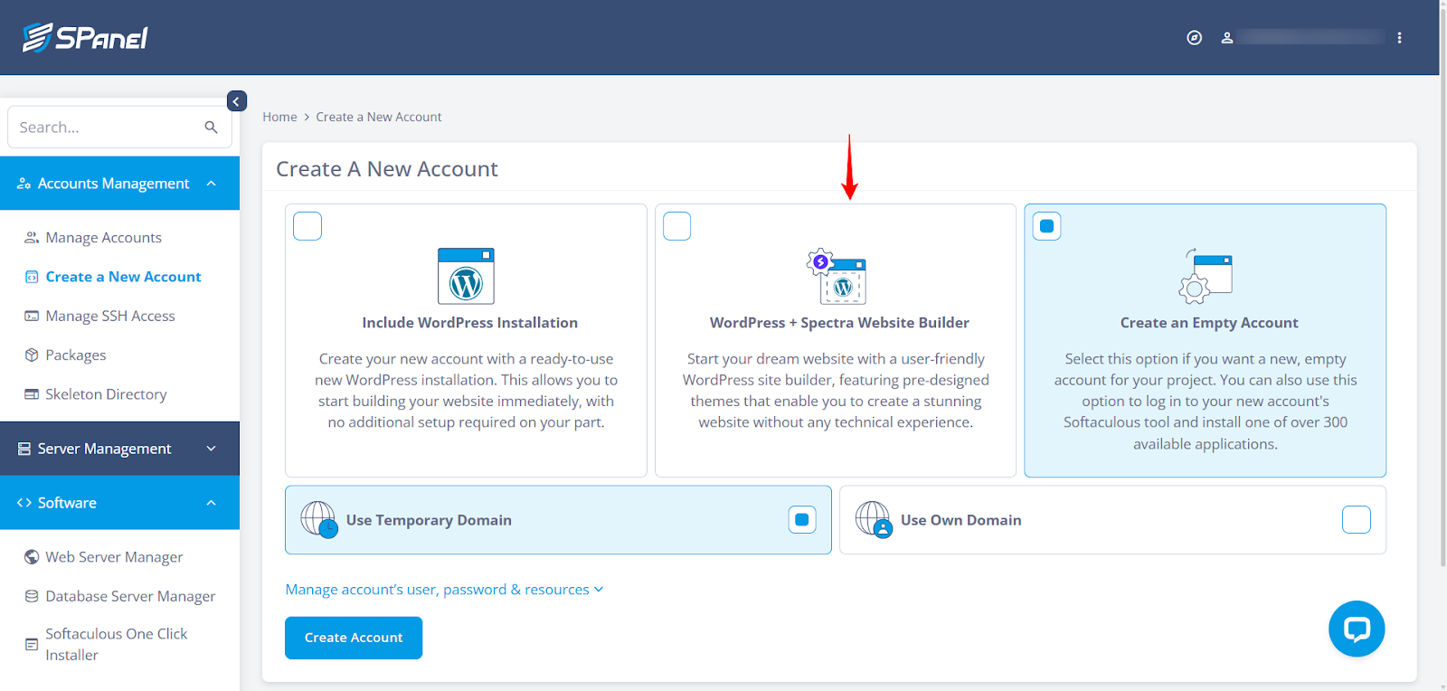 screenshot of SPanel WordPress+Spectra Website Builder installation