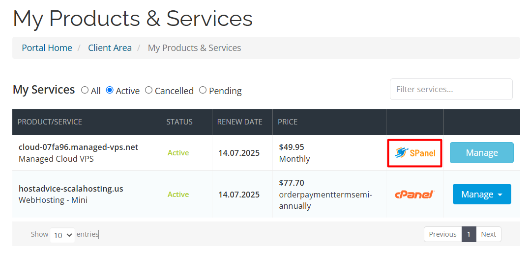 screenshot of My Products & Services page