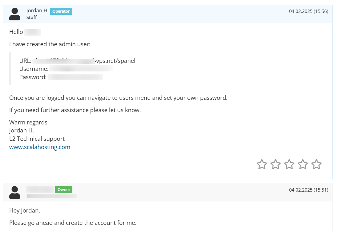 screenshot of Scalahosting Ticket support
