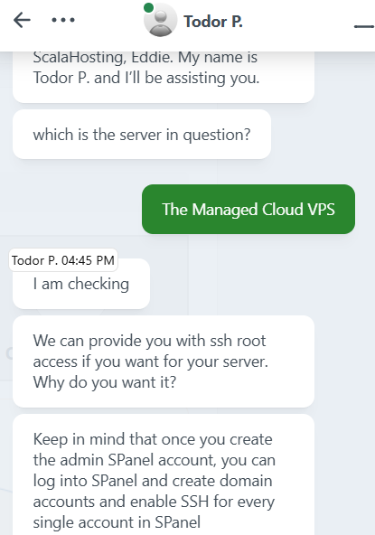 screenshot of Scalahosting Livechat support