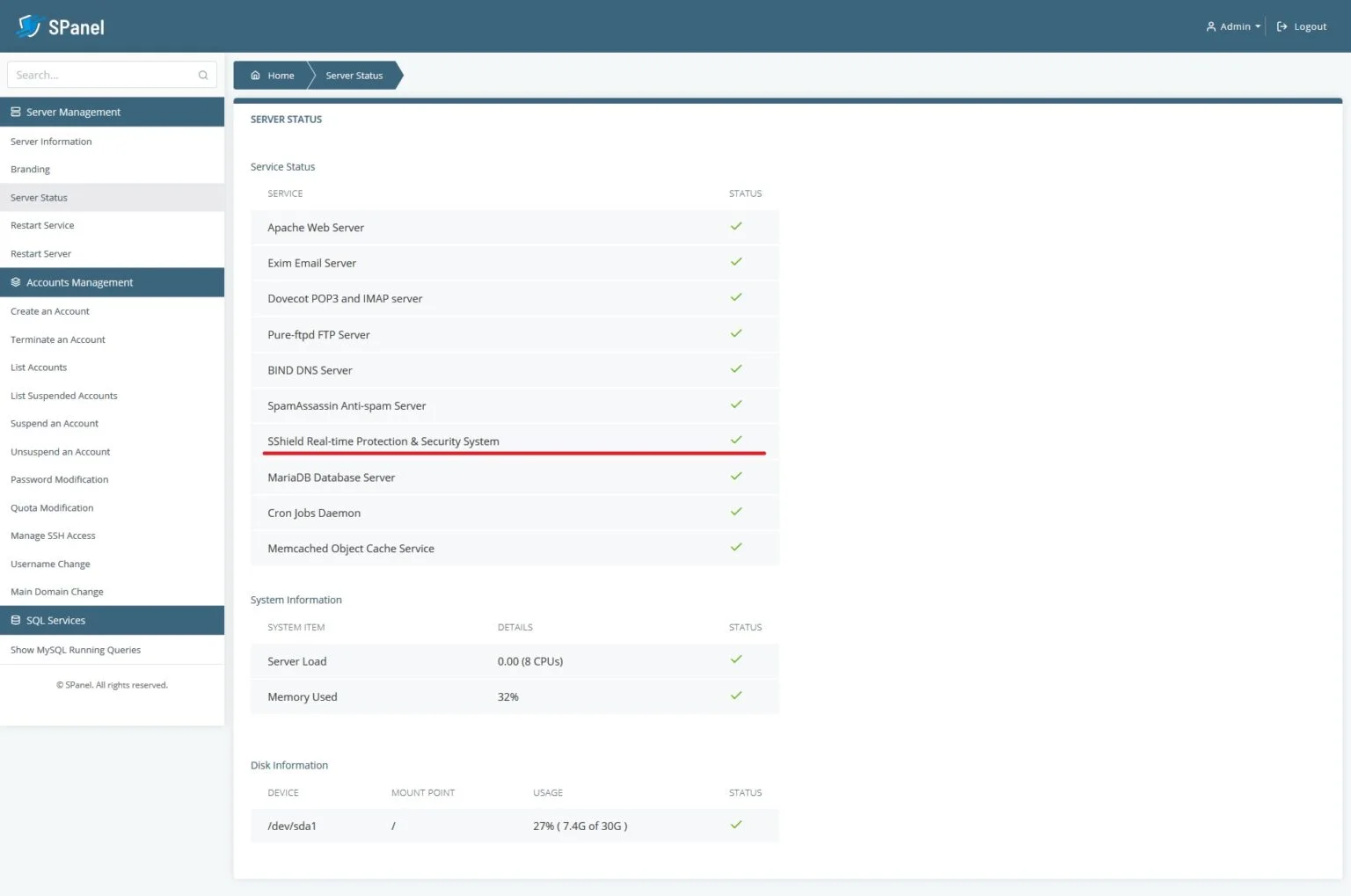 screenshot of SPanel Server status page