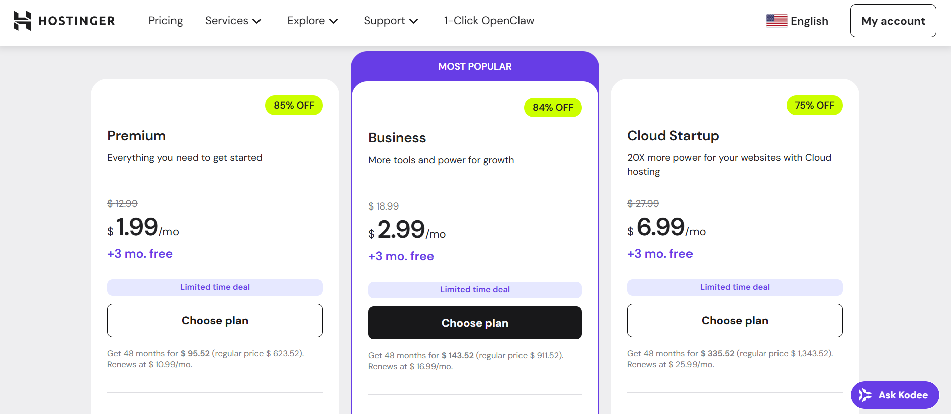 screenshot of Hostinger Web Hosting plans