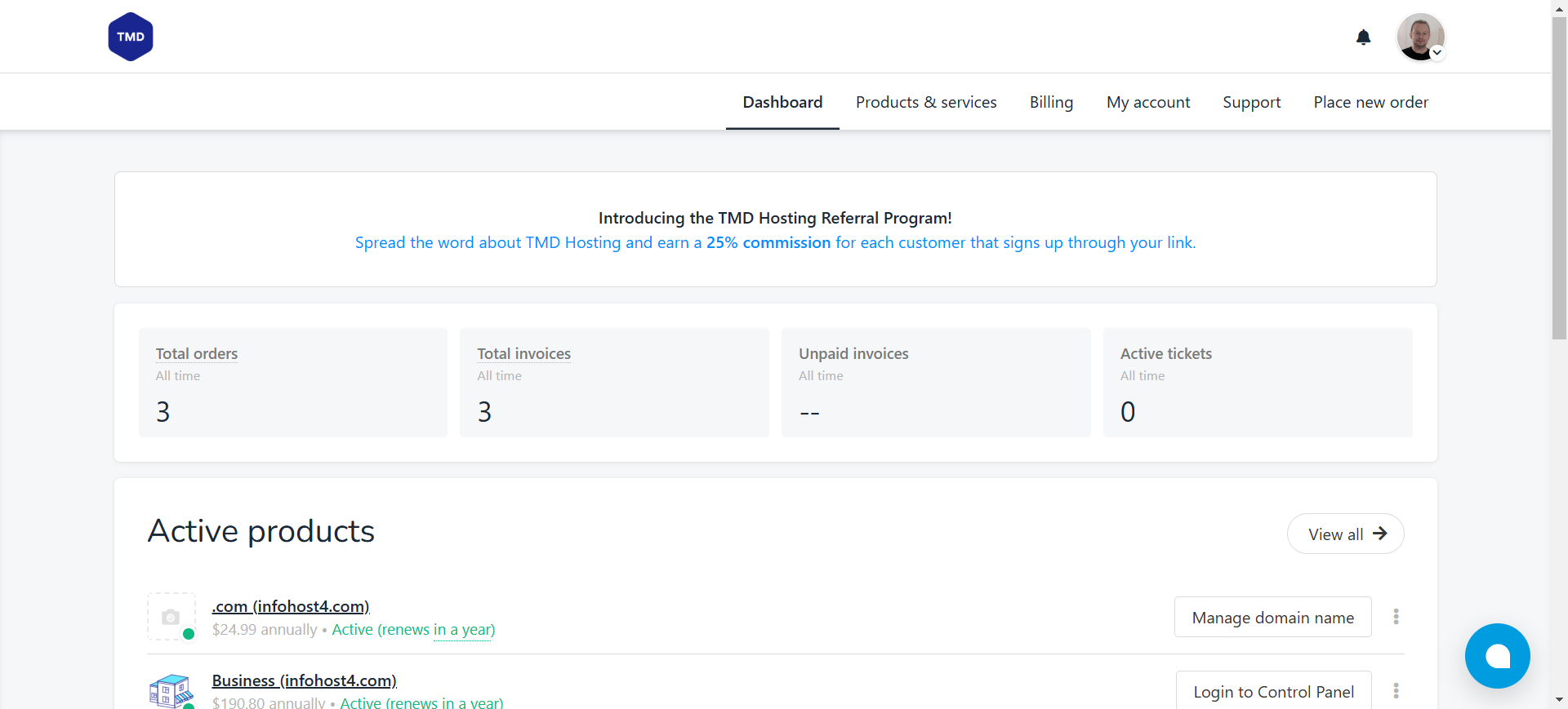 screenshot of TMDHosting dashboard