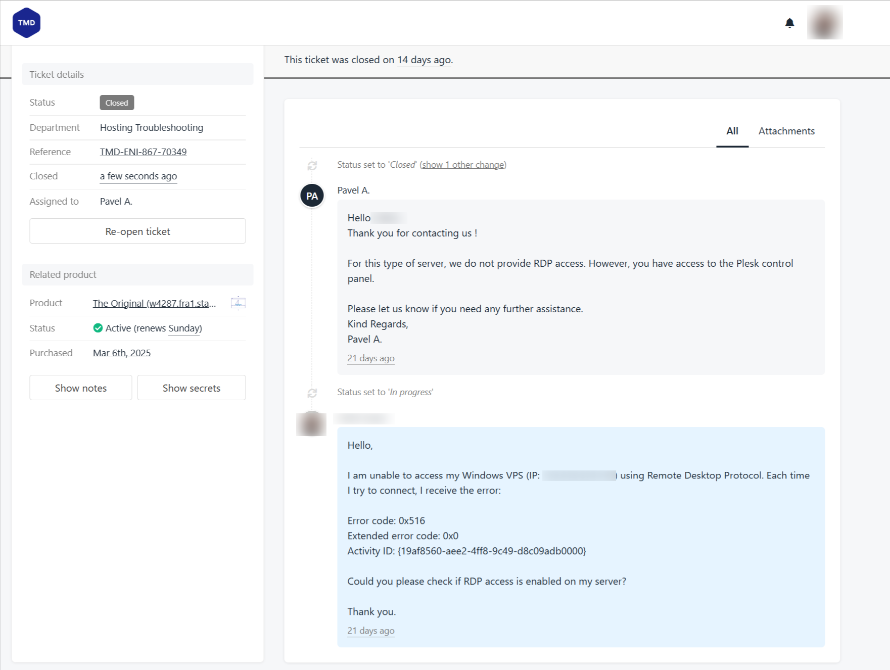 screenshot of TMDHosting Ticket support