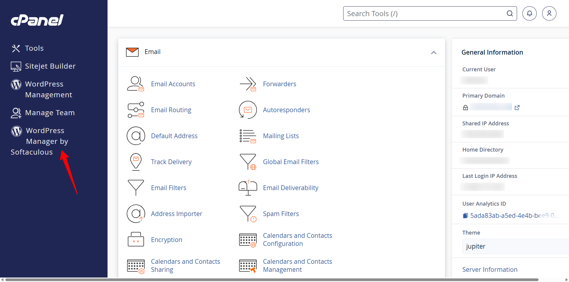 screenshot of WordPress manager by Softaculous button
