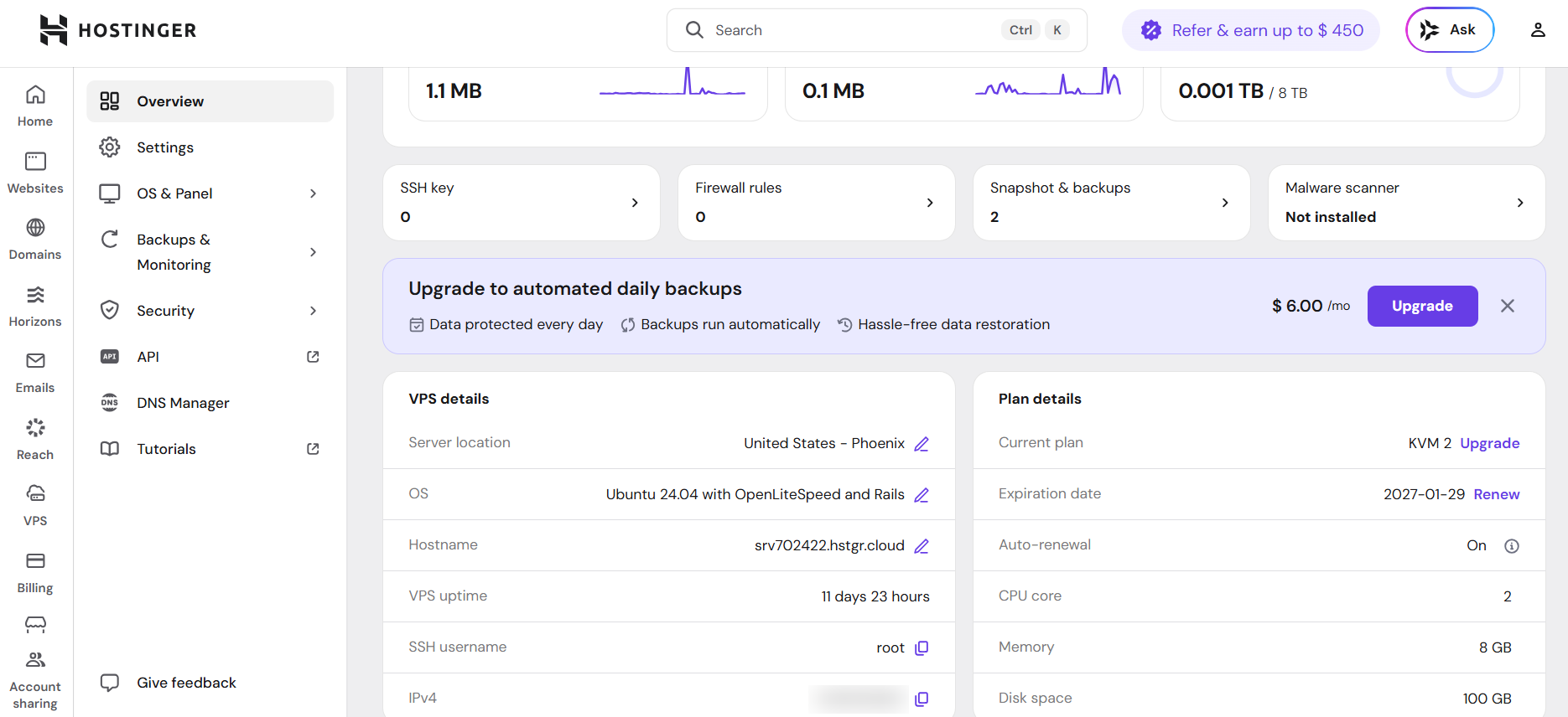 screenshot of Hostinger dashboard overview