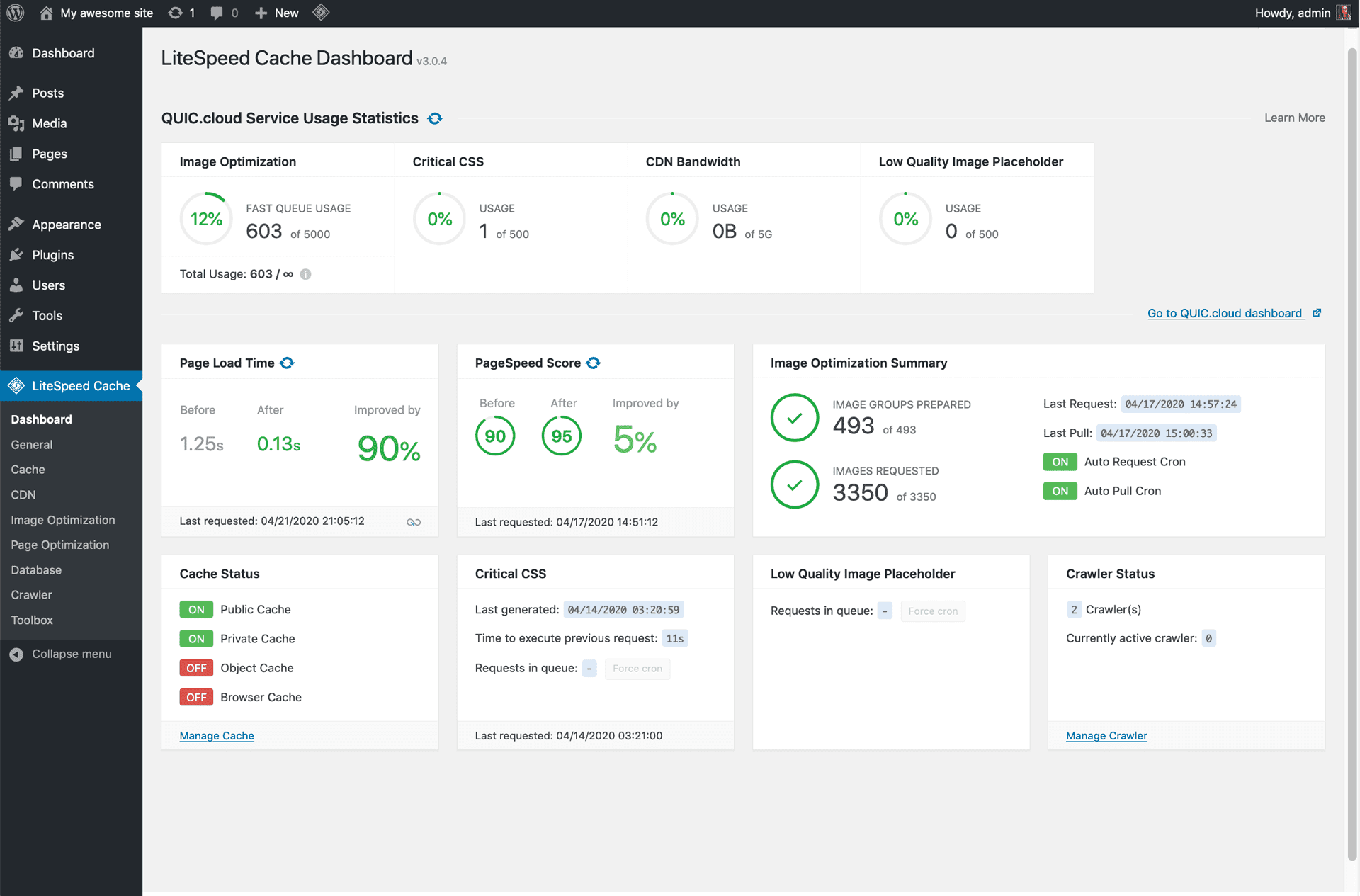 screenshot of LiteSpeed Cache Dashboard