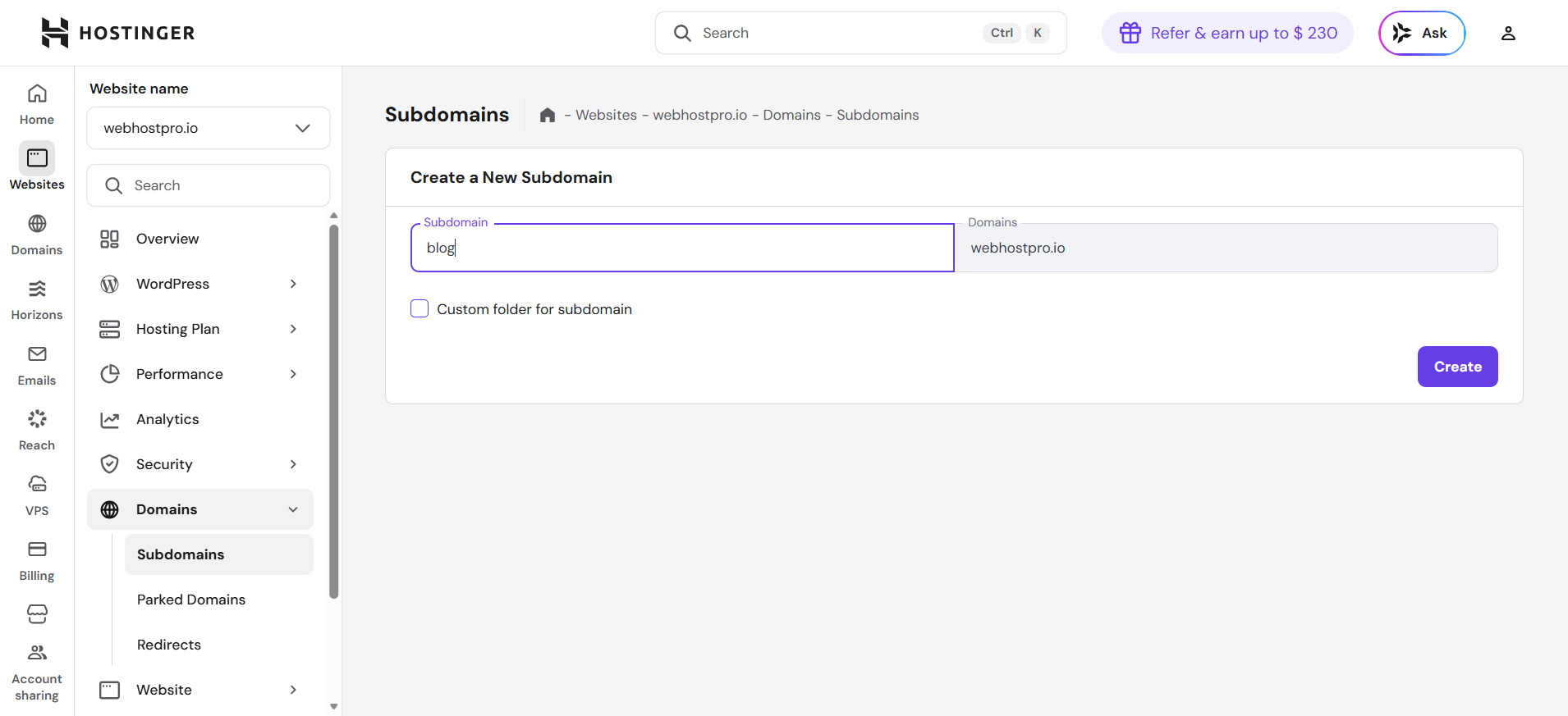 hostinger new subdomain creation