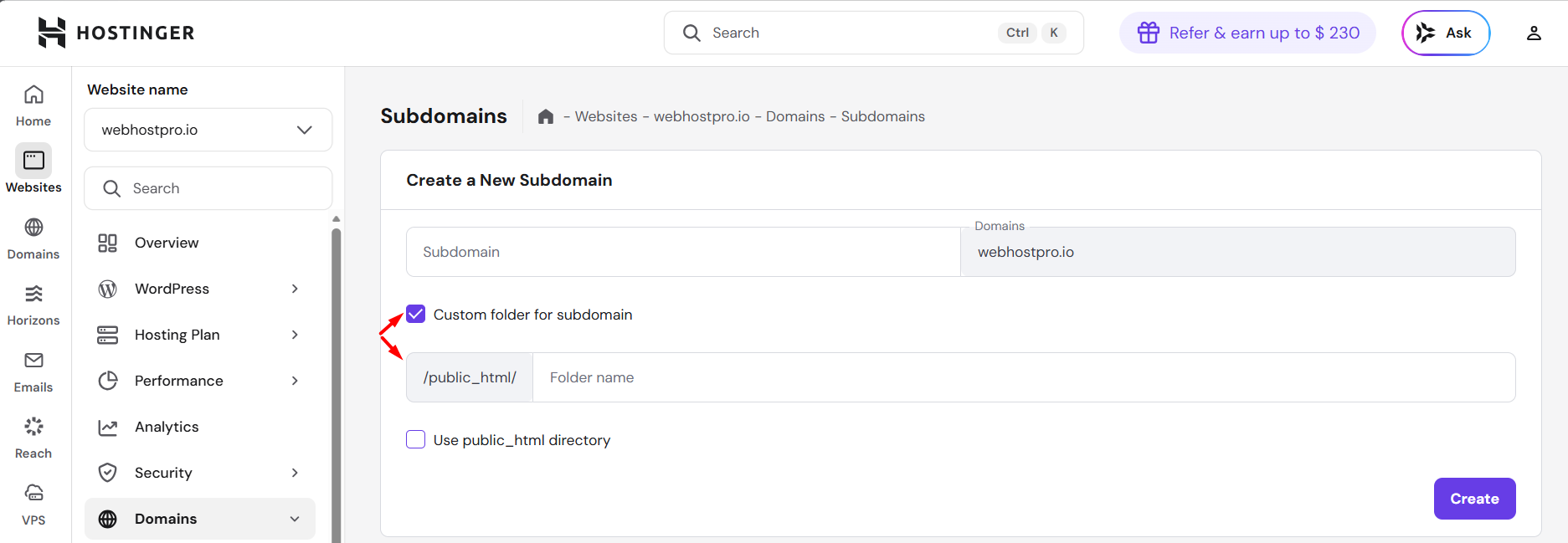 how to create a subdomain on hostinger