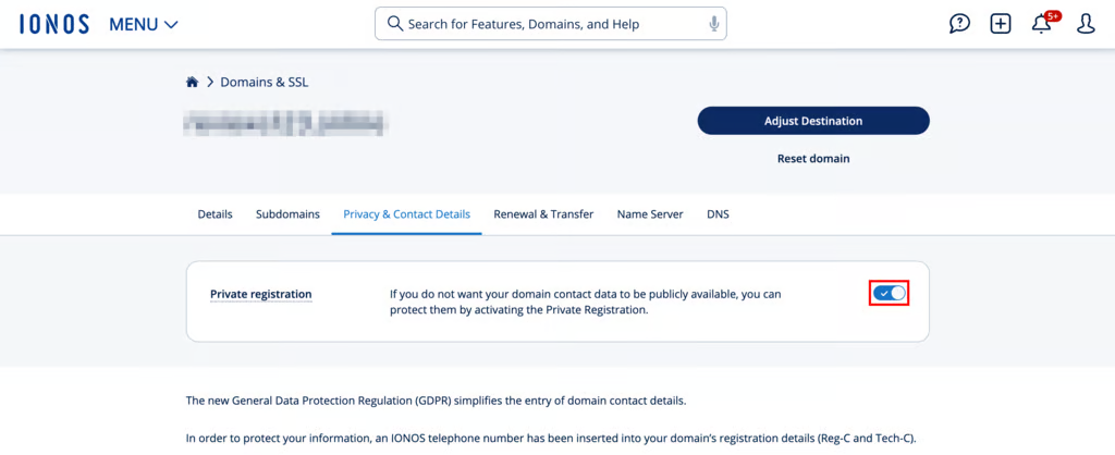 IONOS Privacy and Contact Details page showing private registration setting