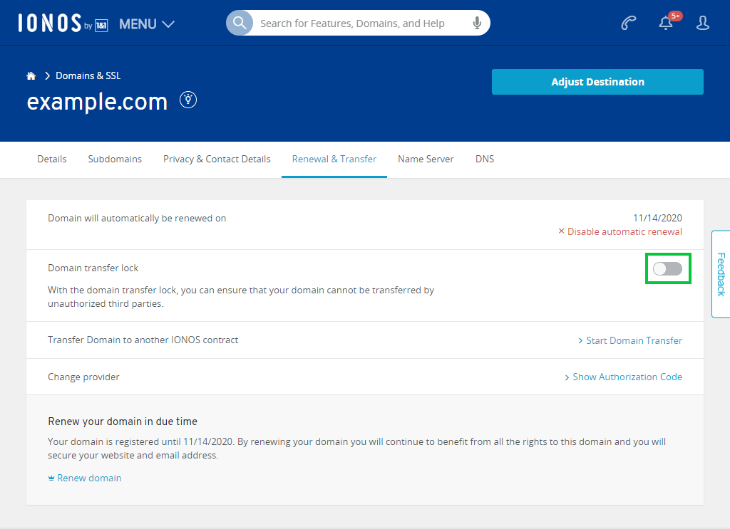 IONOS Renewal and Transfer page showing domain transfer lock disabled
