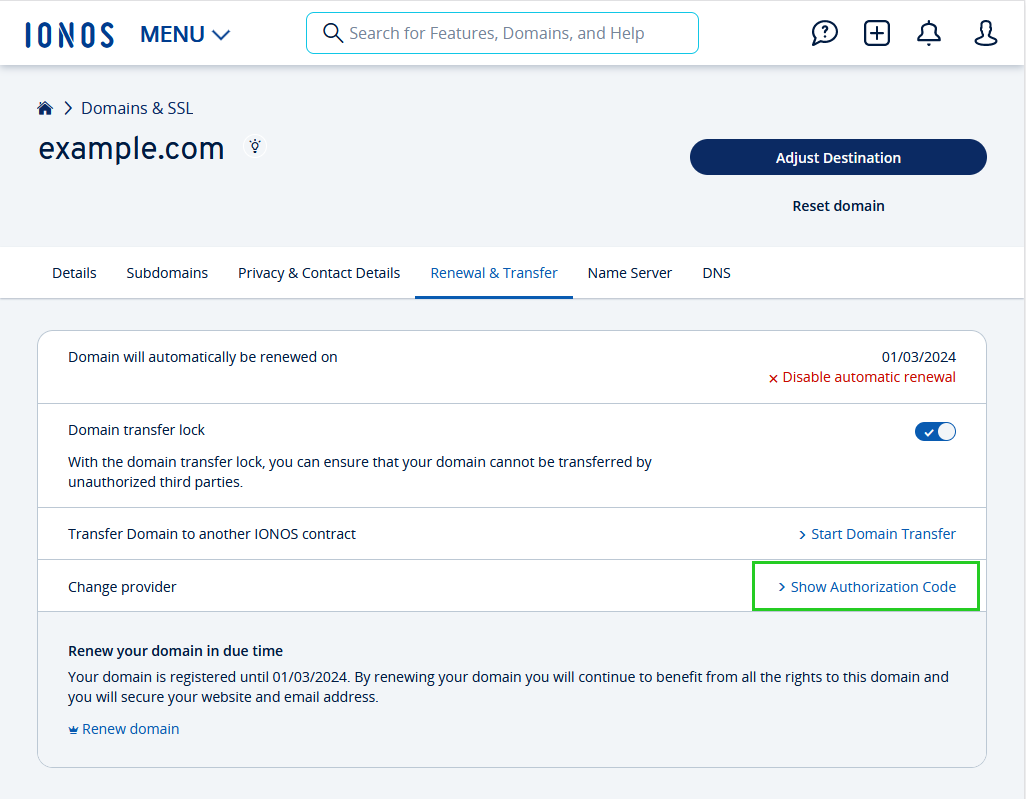 IONOS page displaying authorization code or EPP code for domain transfer