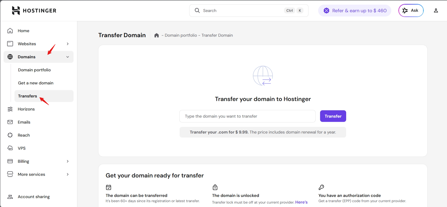 Hostinger Domains section showing Transfers menu option