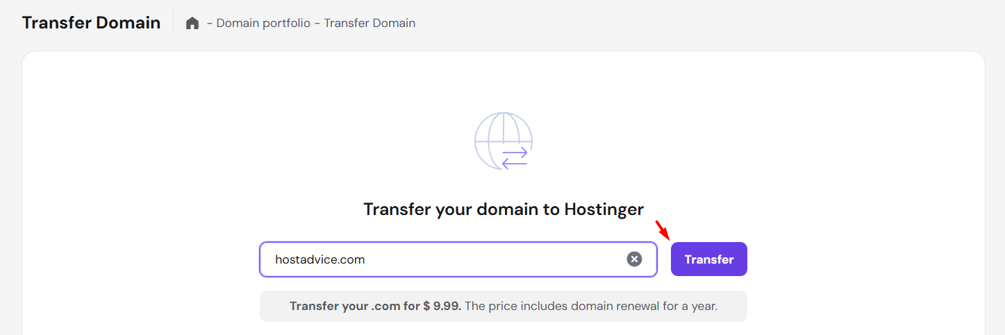 Hostinger domain transfer form where domain name is entered