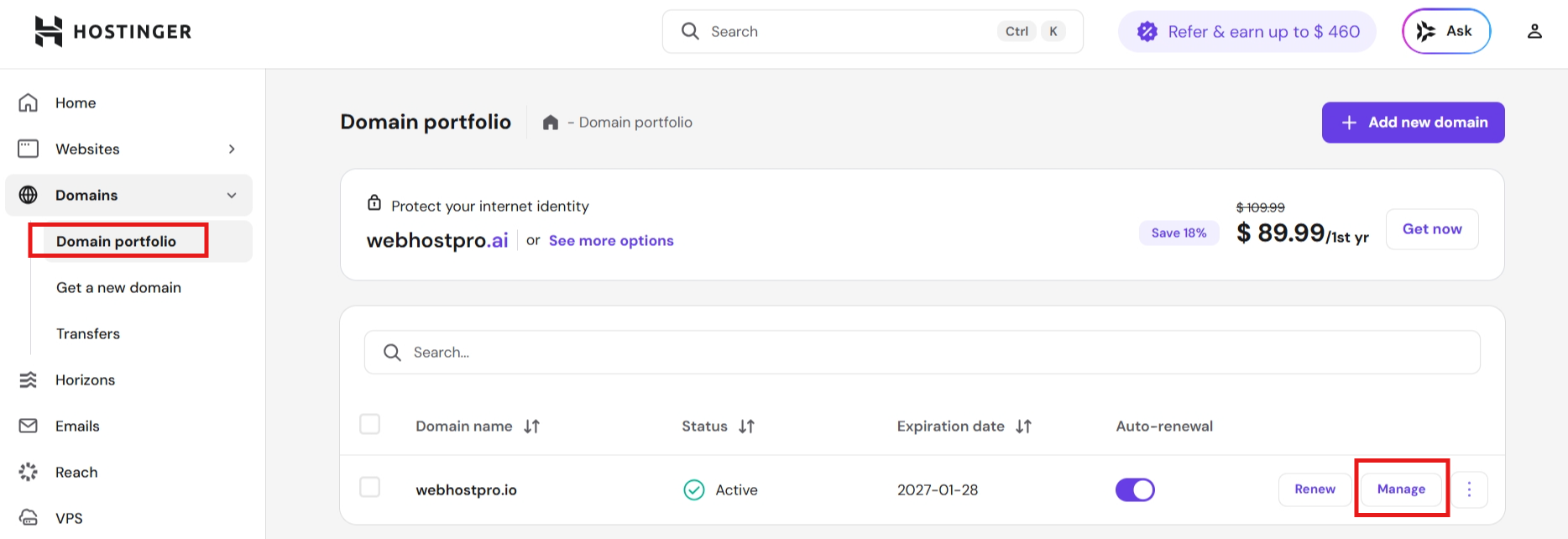 Hostinger Domain portfolio page with Manage option for transferred domain