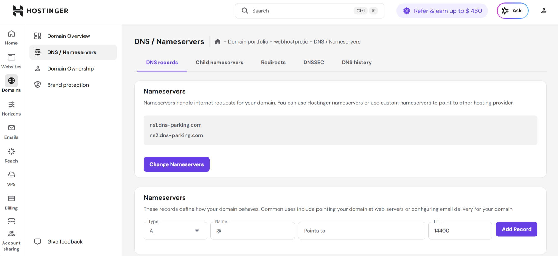 Hostinger DNS Zone Editor for managing domain DNS records