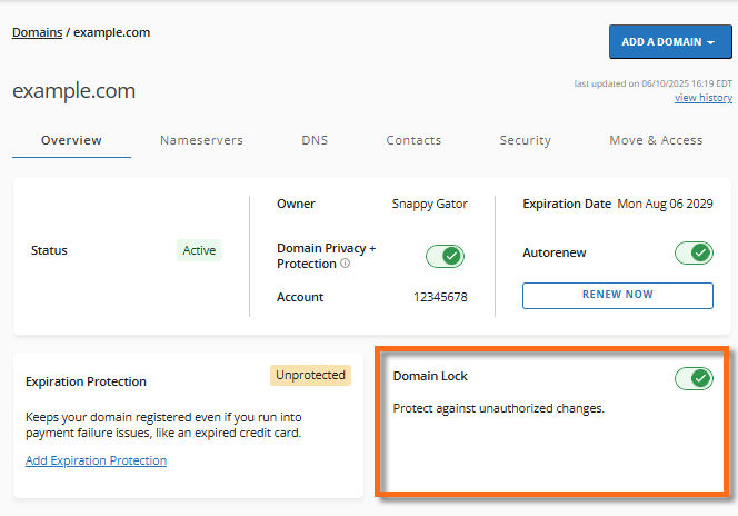 Example of a locked domain in HostGator