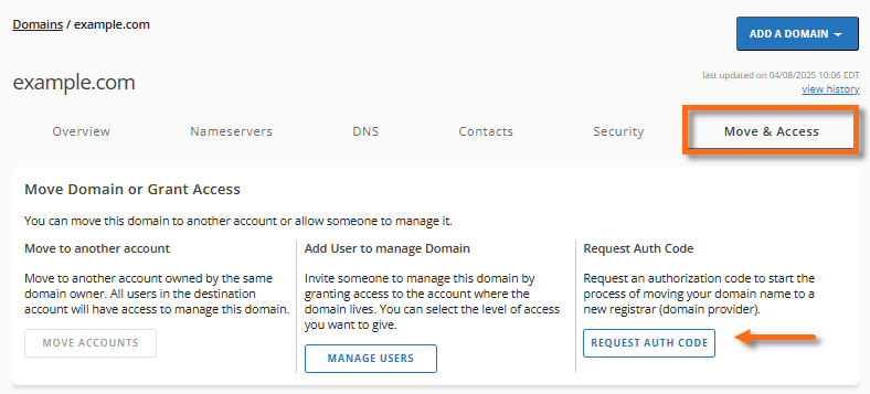 Domain authorization code or EPP code for transfer
