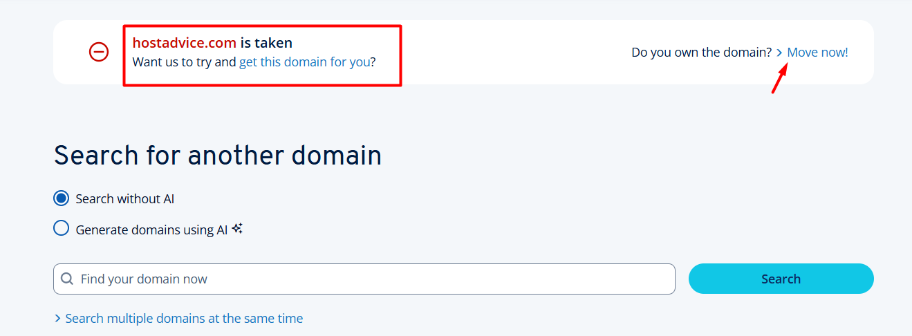 IONOS Move now button to start domain transfer