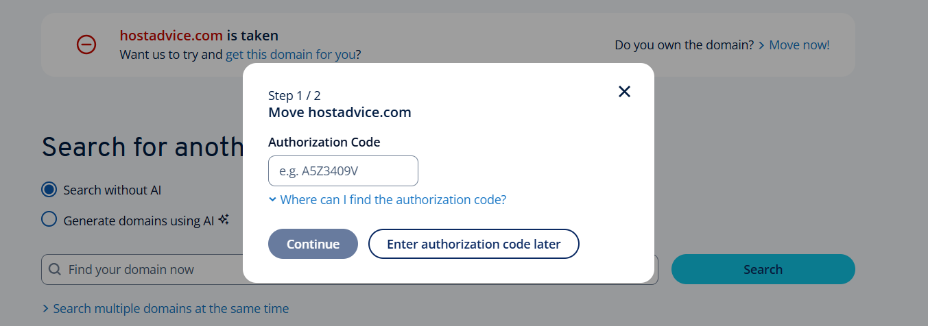 IONOS pop-up window to enter domain authorization code